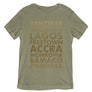 Light olive unisex T shirt with African Cities listed in gold text.