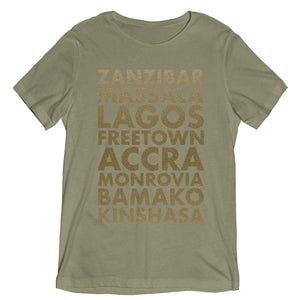 Light olive unisex T shirt with African Cities listed in gold text.